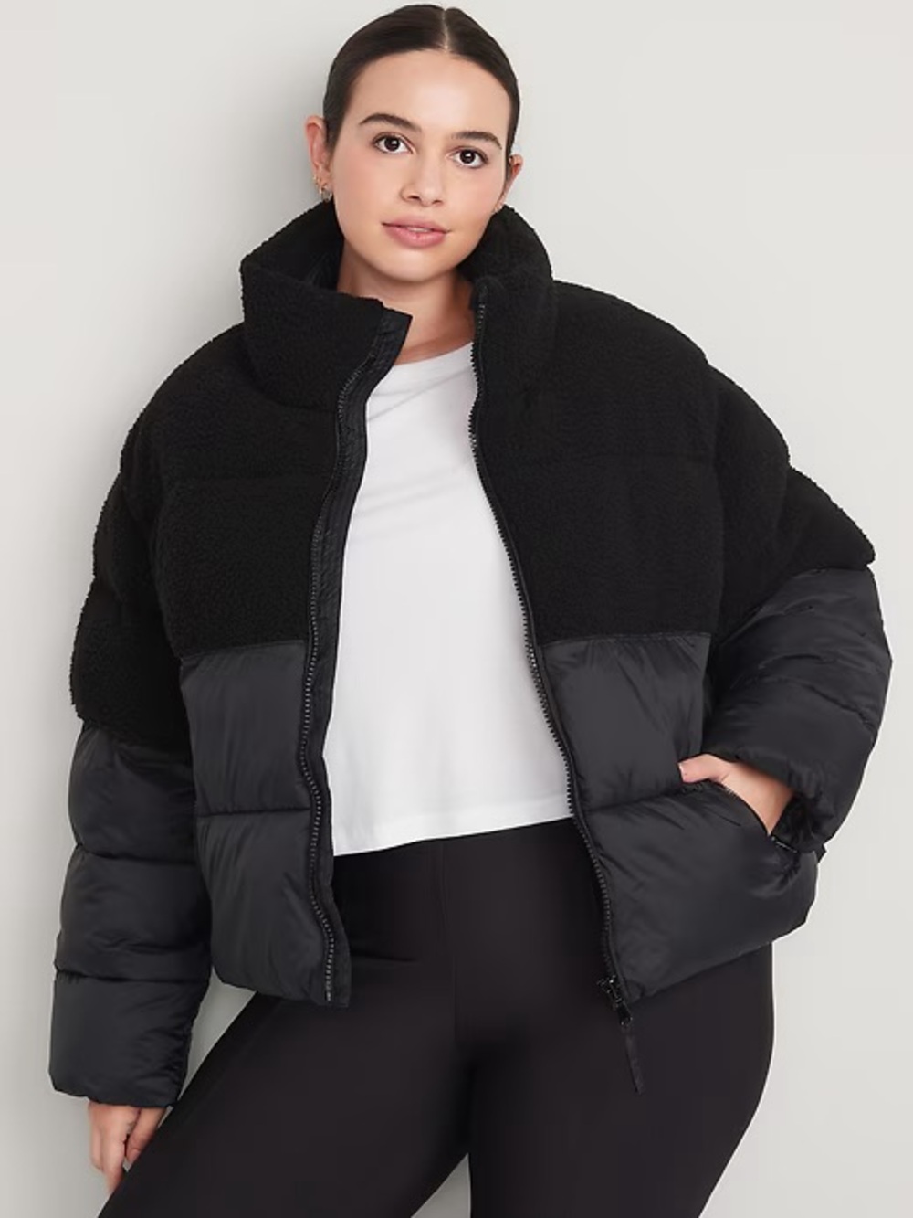 Old Navy Black Two-Texture Puffer Jacket with Sherpa